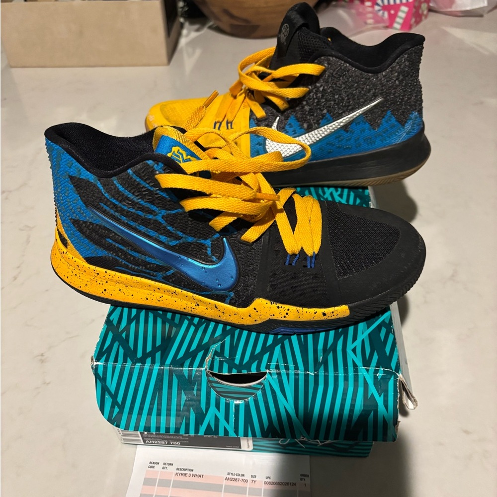 Nike Kids' Kyrie 3 What Basketball Black, Blue, and Yellow Sneakers Shoes